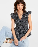 On 34th Women's Ruffle-Sleeve Printed Peplum Top, Created for Macy's