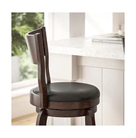 Tally 30" Classic Wooden Open Back Swivel Bar Height Pub Stool With Upholstered Padded Seat And Integrated Footrest