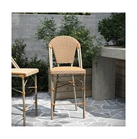 Merrick Lane Celia Set Of Two Indoor/Outdoor Stacking Bistro Counter Stools With White And Gray Patterned Seats Backs & Bamboo Finished Metal Fram