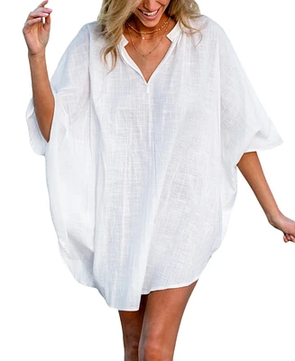 Cupshe Women's White Cotton Dolman Sleeve Cover-Up Beach Dress