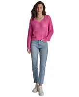 Dkny Jeans Women's V-Neck Open-Stitch Cotton Sweater