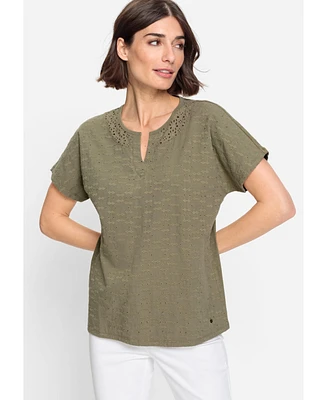 Olsen Women's 100% Cotton Short Sleeve Split Neck Eyelet T-Shirt
