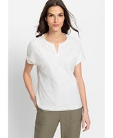 Olsen Women's 100% Cotton Short Sleeve Eyelet T-Shirt