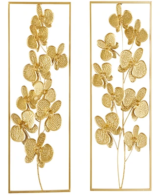 CosmoLiving by Cosmopolitan Gold Metal Orchid Floral Wall Decor with Gold Frame Set of 2 14"W, 36"H