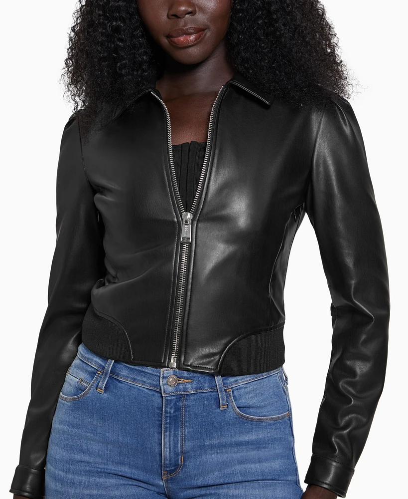 Guess Women's Collared Faux-Leather Bomber Coat