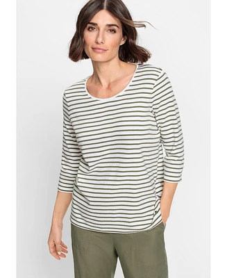 Olsen Women's 100% Cotton 3/4 Sleeve Striped T-Shirt