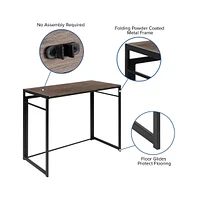 Merrick Lane Perth Folding Computer Desk With Rustic Wood Grain Finish And Metal Frame, Folding Laptop Desk For Home Office