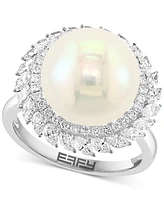 Effy Freshwater Pearl (12mm) & Diamond (1 ct. t.w.) Halo Statement Ring in 14k White Gold