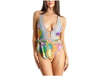 La Moda Clothing Women's Cutout Belted One Piece Swimsuit