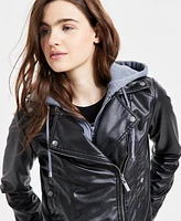 Jou Juniors' Hooded Faux-Leather Moto Jacket, Created for Macy's