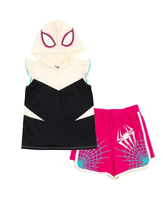 Marvel Girls Spider-Man Spider-Gwen Ghost Spider Hooded Cosplay Tank Top and French Terry Shorts Outfit Set