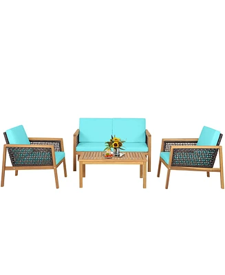 Gymax 4PCS Patio Acacia Wood Furniture Set Pe Rattan Conversation Set w/ Turquoise Cushions