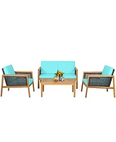 Gymax 4PCS Patio Acacia Wood Furniture Set Pe Rattan Conversation Set w/ Turquoise Cushions
