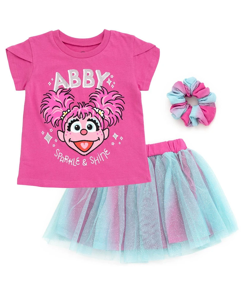 Sesame Street Toddler Girls Abby Cadabby T-Shirt Tulle Mesh Skirt and Scrunchie 3 Piece Outfit Purple / Blue