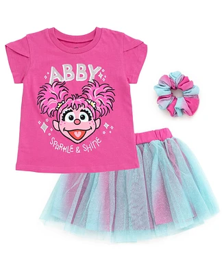 Sesame Street Toddler Girls Abby Cadabby T-Shirt Tulle Mesh Skirt and Scrunchie 3 Piece Outfit Purple / Blue