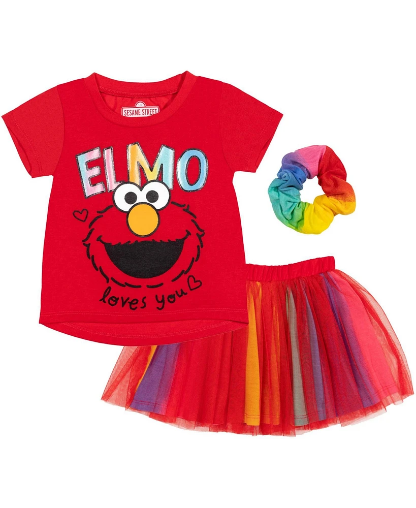 Sesame Street Toddler Girls Elmo Graphic T-Shirt Mesh Skirt and Scrunchie 3 Piece Outfit Set Red/Rainbow