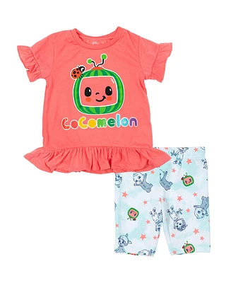 CoComelon Baby Girls Jj Yoyo Tomtom Peplum T-Shirt and Bike Shorts Outfit Set Pink
