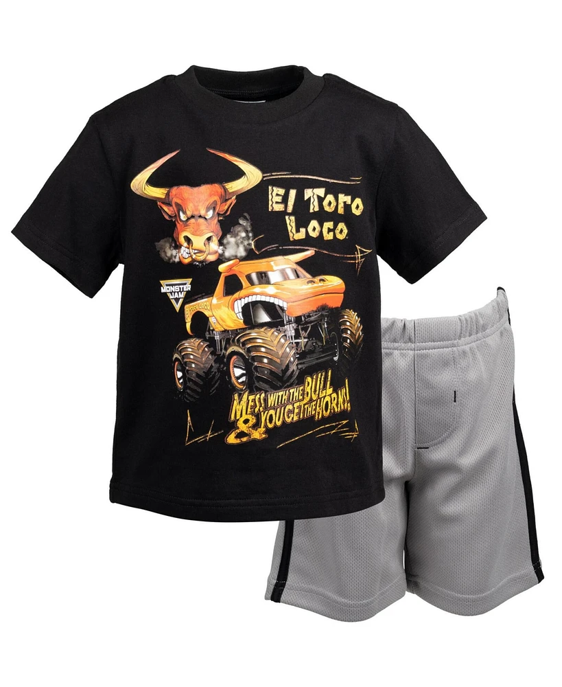 Monster Jam Toddler Boys T-Shirt and Mesh Shorts Outfit Set to Grave Digger El Toro Loco Megalodon