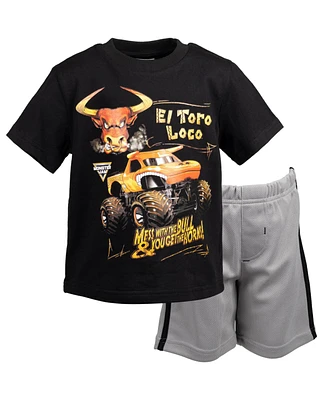 Monster Jam Boys Megalodon Athletic Pullover T-Shirt Mesh Shorts Outfit Set Blue / Black