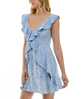 Trixxi Juniors' Printed V-Neck Asymmetric-Ruffle Dress
