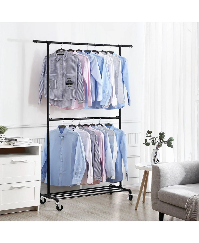 Slickblue Double Hanging Rod Metal Clothing Rack, Industrial Style Clothes Garment Rack On Wheels