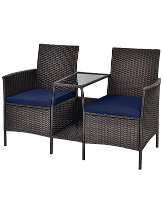 Gymax Patio Rattan Conversation Furniture Set w/ Loveseat Glass Coffee Table & Cushions Turquoise