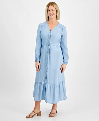 Style & Co Petite Chambray V-Neck Tiered Shirtdress, Created for Macy's