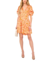 1.state Women's Printed V-Neck Tiered Bubble Puff Sleeve Mini Dress