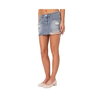 Edikted Women's Ginnie Low Rise Distressed Denim Mini Skirt