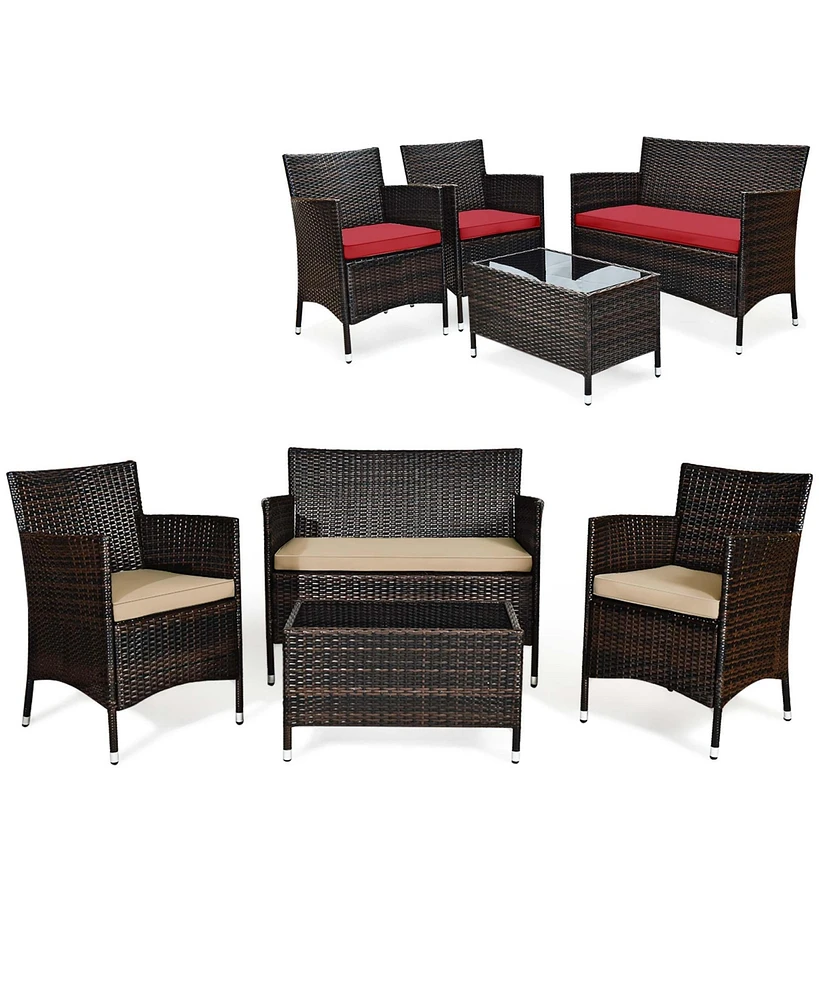 Gymax 4 Pieces Patio Rattan Conversation Furniture Set Outdoor w/ Brown & Red Cushion