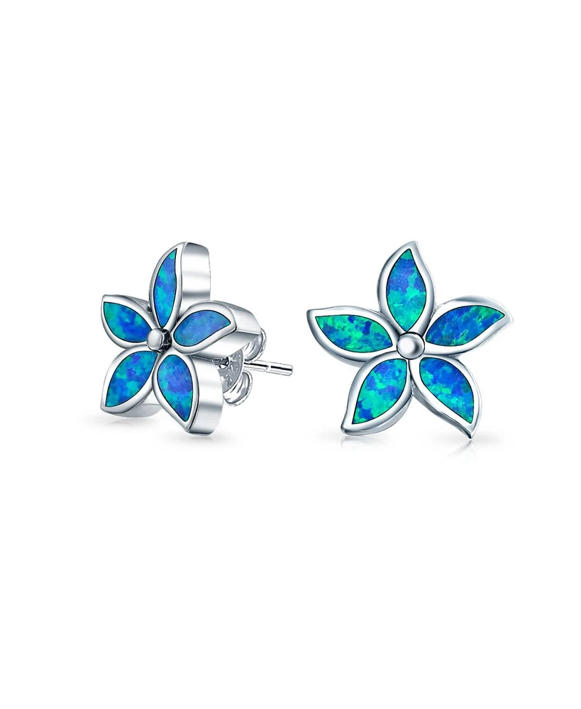 Bling Jewelry Blue Created Opal Inlay Petals Flower Stud Earrings For Women For Sterling Silver