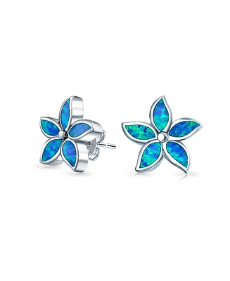 Bling Jewelry Blue Created Opal Inlay Petals Flower Stud Earrings For Women For Teen .925 Sterling Silver October Birthstone