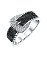 Bling Jewelry Trendy Fashion Pave Cubic Zirconia Black Cz Statement Belt Buckle Band Ring For Women .925 Sterling Silver