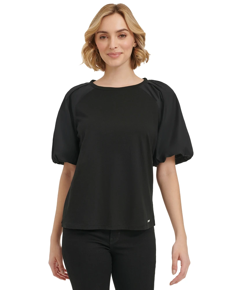 Calvin Klein Women's Mixed Media Puff Sleeve Top