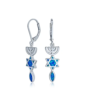 Bling Jewelry Created Blue Opal Religious Judaica Menorah & Hanukkah Star Of David Leverback Dangle Earrings For Women Teens Bat Mitzvah .925 Sterling