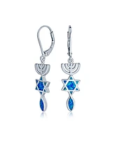 Bling Jewelry Created Blue Opal Religious Judaica Menorah Hanukkah Star Of David Leverback Dangle Earrings For Women Bat Mitzvah Sterling Silver