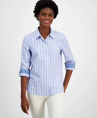 Nautica Jeans Women's Striped Roll-Tab-Sleeve Button-Front Shirt