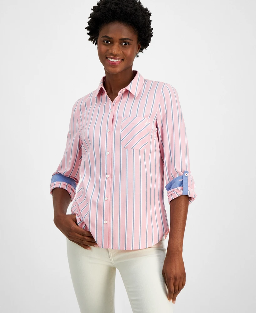 Nautica Jeans Women's Striped Roll-Tab-Sleeve Button-Front Shirt