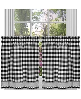 Kate Aurora Complete 3 Piece Country Farmhouse Plaid Gingham Black & White Buffalo Check Kitchen Curtain Tier & Valance Set