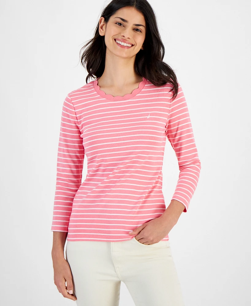 Nautica Jeans Women's Cotton Striped 3/4-Sleeve Top