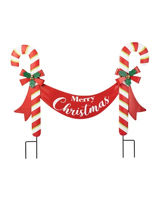 Glitzhome 36"L Christmas Metal "Merry Christmas" Candy Cane Yard Stake or Wall Decor