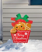 Glitzhome 24"H Christmas Metal Gingerbread Giftbox Yard Stake or Standing Decor or Wall Decor