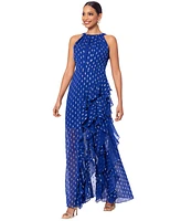 Betsy & Adam Petite Chiffon Foil Ruffle Gown