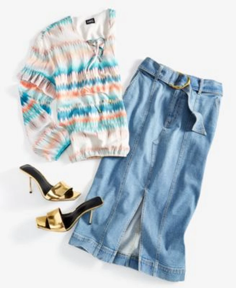 I.N.C. International Concepts Womens Printed Lace Up Blouse Denim Skirt Created For Macys
