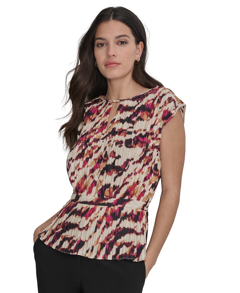 Dkny Women's Printed Pleated Cap Sleeve Blouse