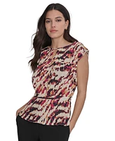 Dkny Women's Printed Pleated Cap Sleeve Blouse