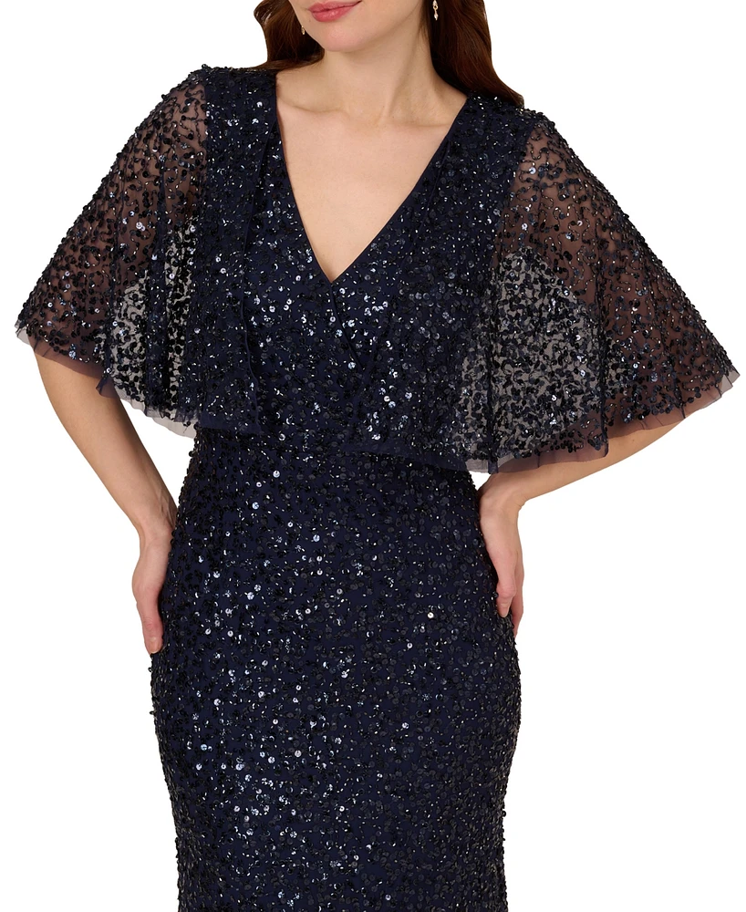 Adrianna Papell Women's Sequin Mesh Capelet-Sleeve Gown