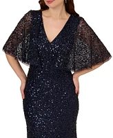 Adrianna Papell Women's Sequin Mesh Capelet-Sleeve Gown