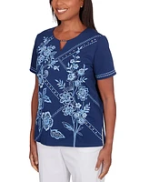 Alfred Dunner Petite Blue Bayou Embroidered Keyhole Top