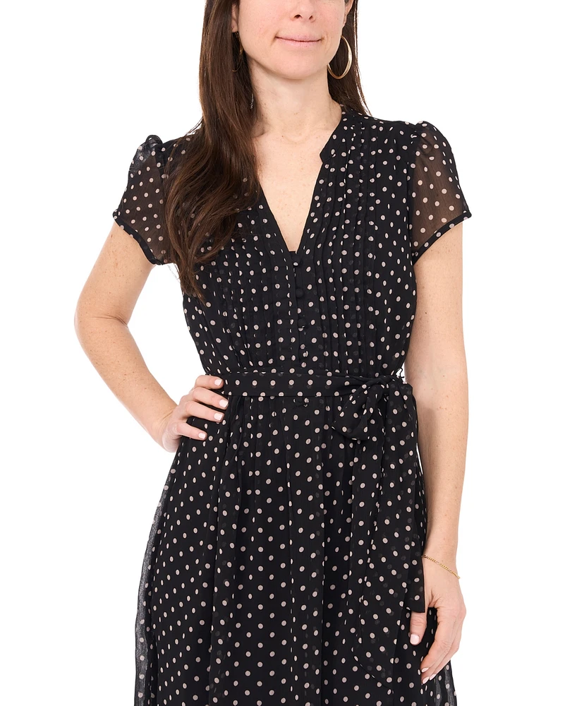 Msk Petite Dot-Print Split-Neck Short-Sleeve Dress